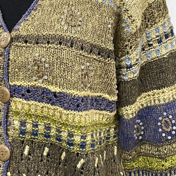 Sigrid Olsen Vintage 90s Hand Knit Cardigan Size L Button Front Beaded Sweater - Picture 6 of 12